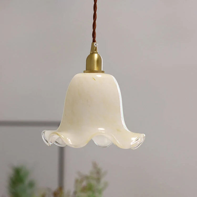 Pendant Light | Brass & Floral Glass Shade | 200 cm Cable