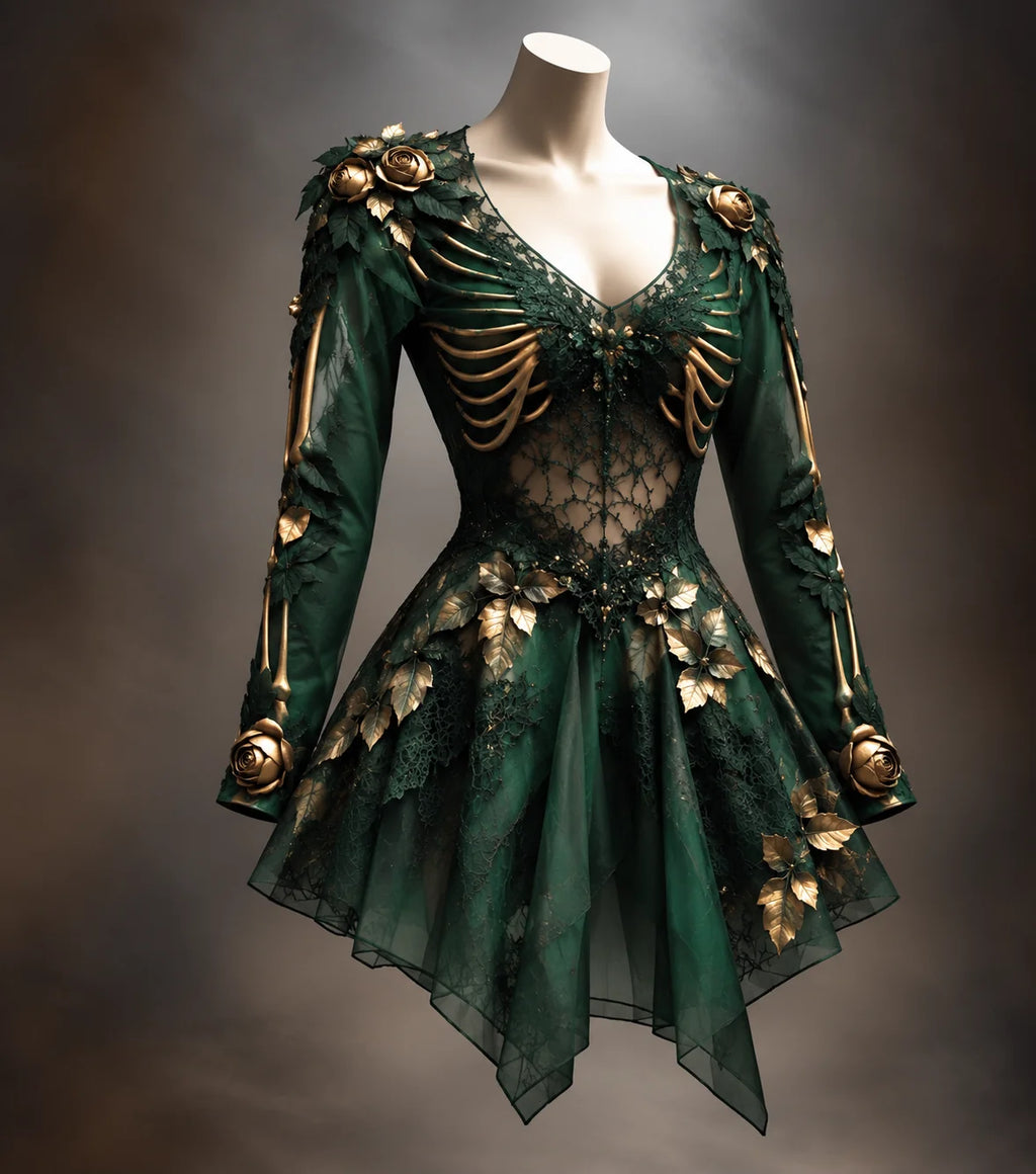 Gothic Mini Dress | Long Sleeve V-Neck | Bone & Floral Appliqués