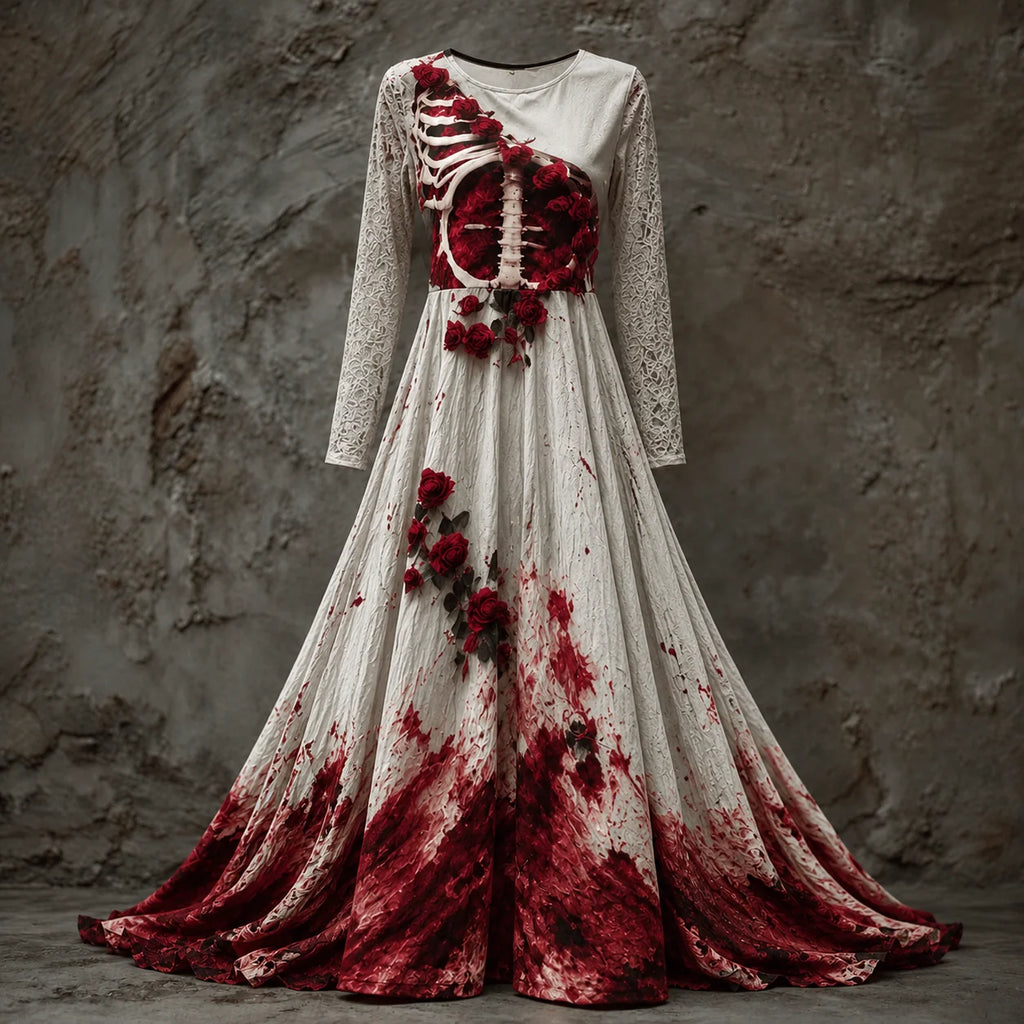 Halloween Dress | Skeleton Bodice & Rose Details | Long-Sleeved