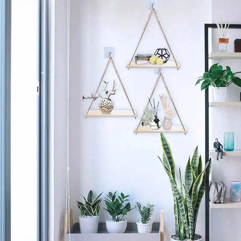 Hanging Wall Shelf | Rope-Supported & Wooden