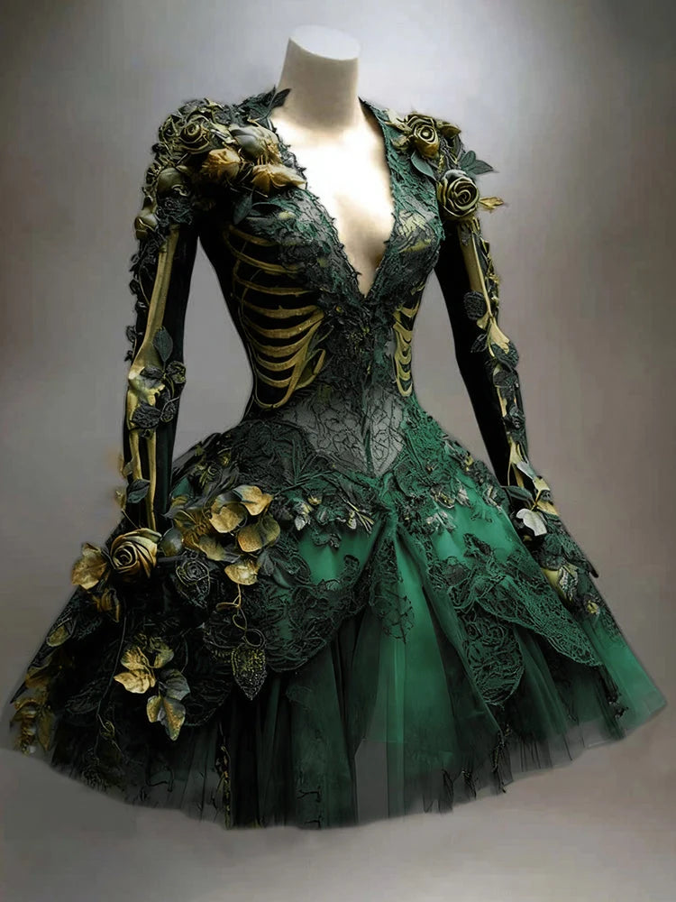 Mini Dress | Gothic Skeleton & Floral Appliqués | Long Sleeve