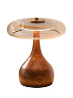 Table Lamp | Walnut-Tone Wood & Amber Glass | Warm LED Light