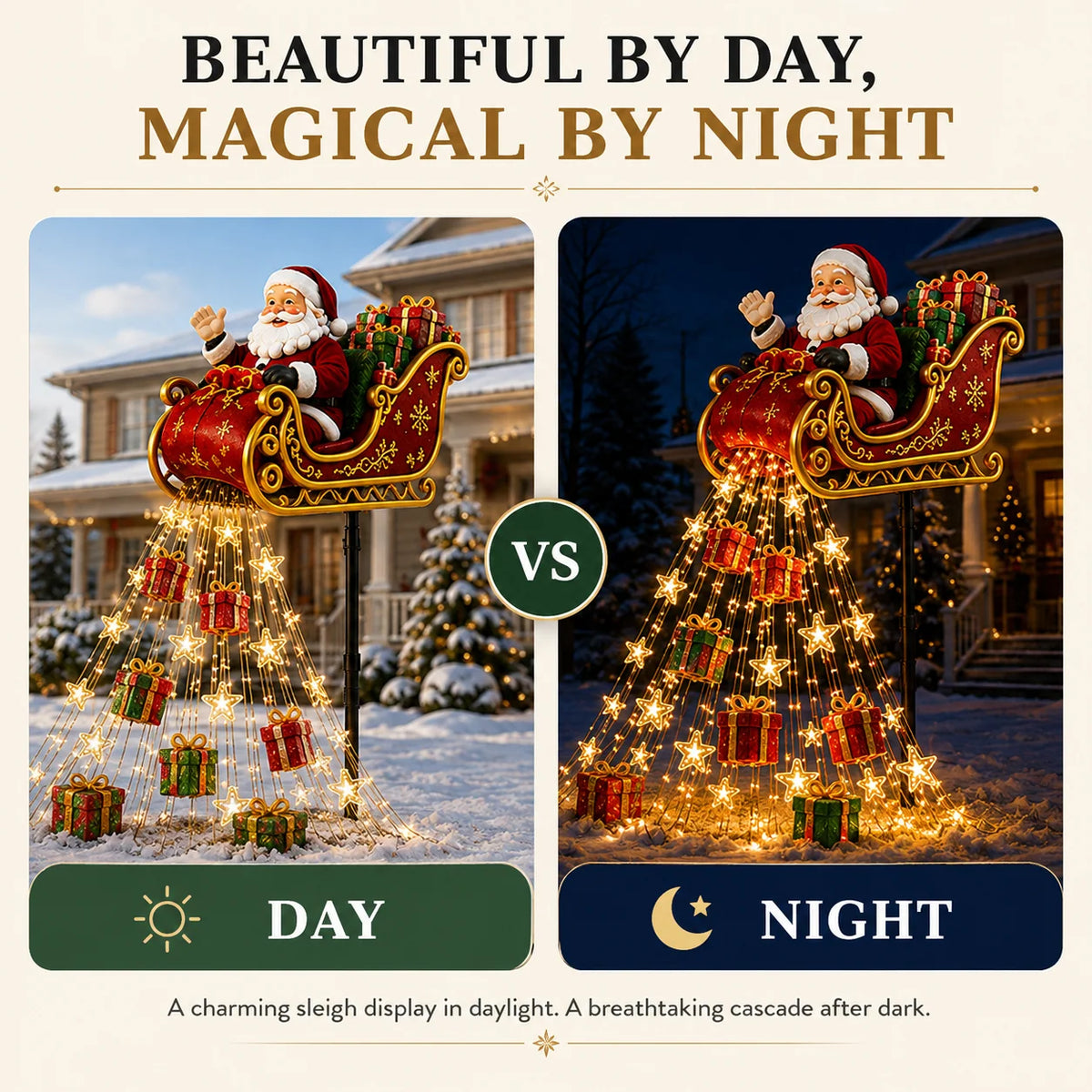Solar Christmas Decoration | Flying Santa Sleigh Design | Warm Golden Lights