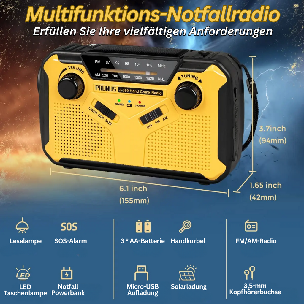 Emergency Radio | Solar & Hand-Crank Charging | SOS Alarm & LED Lights