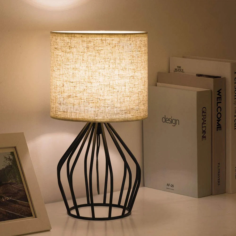 Table Lamp | Linen Shade & Black Metal Base