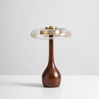 Table Lamp | Walnut-Tone Wood & Amber Glass | Warm LED Light