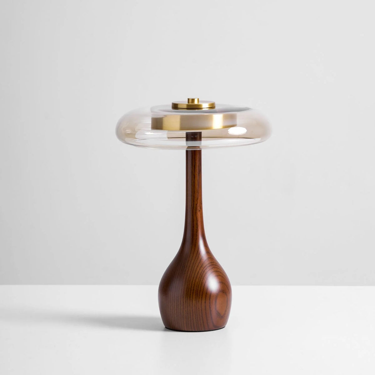 Table Lamp | Walnut-Tone Wood & Amber Glass | Warm LED Light