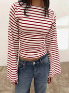 Women's T-Shirt | Striped Rib-Knit | Boat Neck & Cropped Long Sleeve