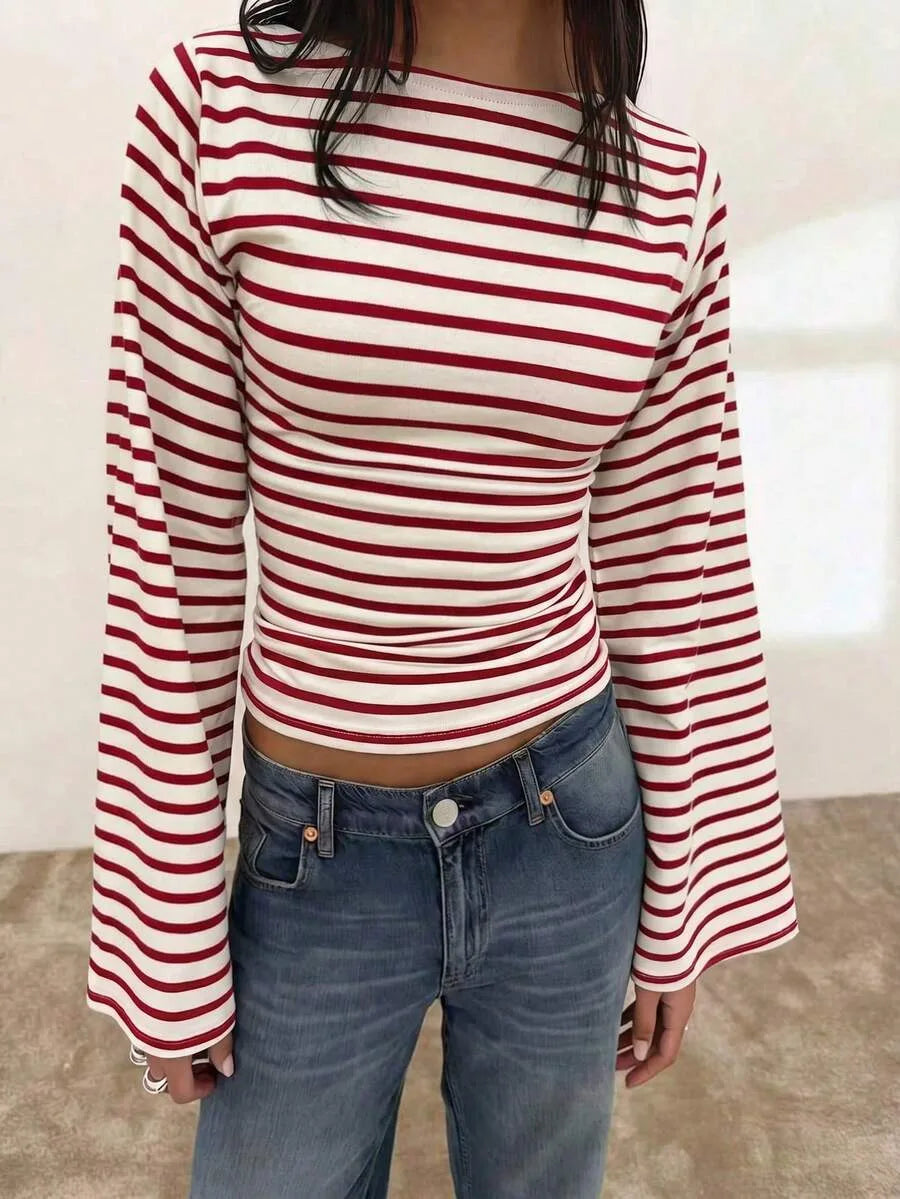 Women's T-Shirt | Striped Rib-Knit | Boat Neck & Cropped Long Sleeve