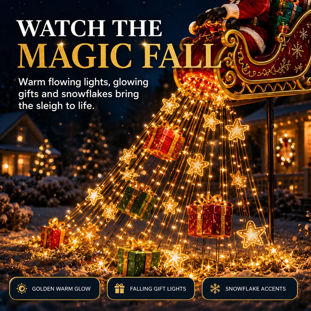 Solar Christmas Decoration | Flying Santa Sleigh Design | Warm Golden Lights