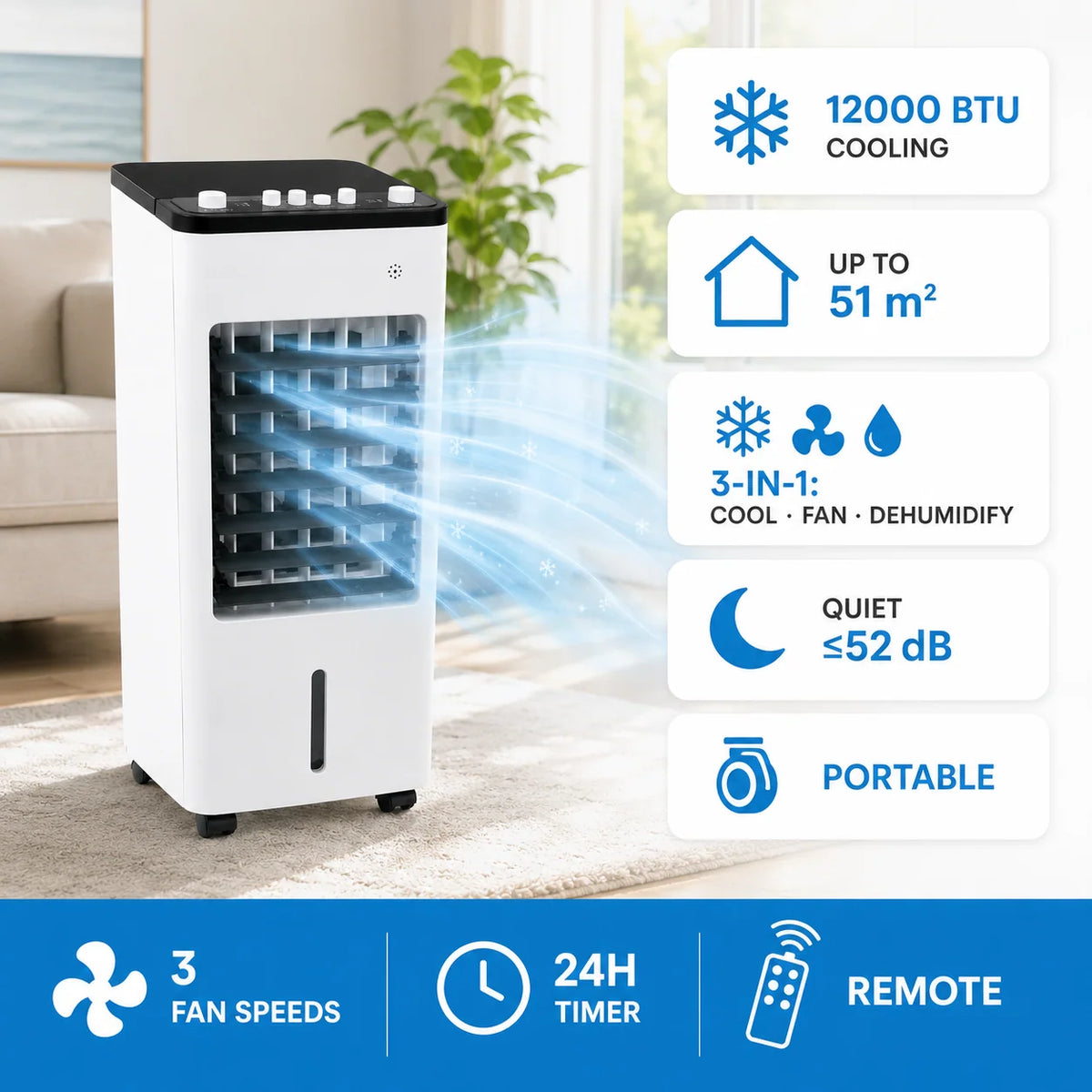 Portable Air Cooler | Evaporative Cooling & Humidifier | 3-in-1 With Caster Wheels
