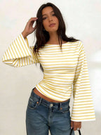 Women's T-Shirt | Striped Rib-Knit | Boat Neck & Cropped Long Sleeve