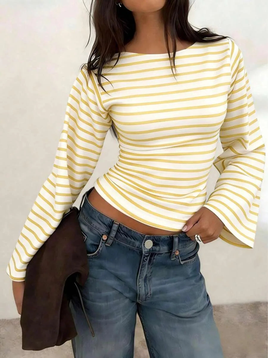 Women's T-Shirt | Striped Rib-Knit | Boat Neck & Cropped Long Sleeve