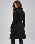 Coat | Brushed Wool Blend, High Collar & Button Front | Below-Knee Length