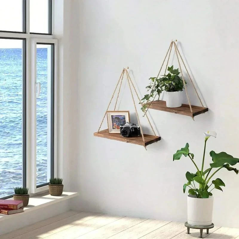 Hanging Wall Shelf | Rope-Supported & Wooden