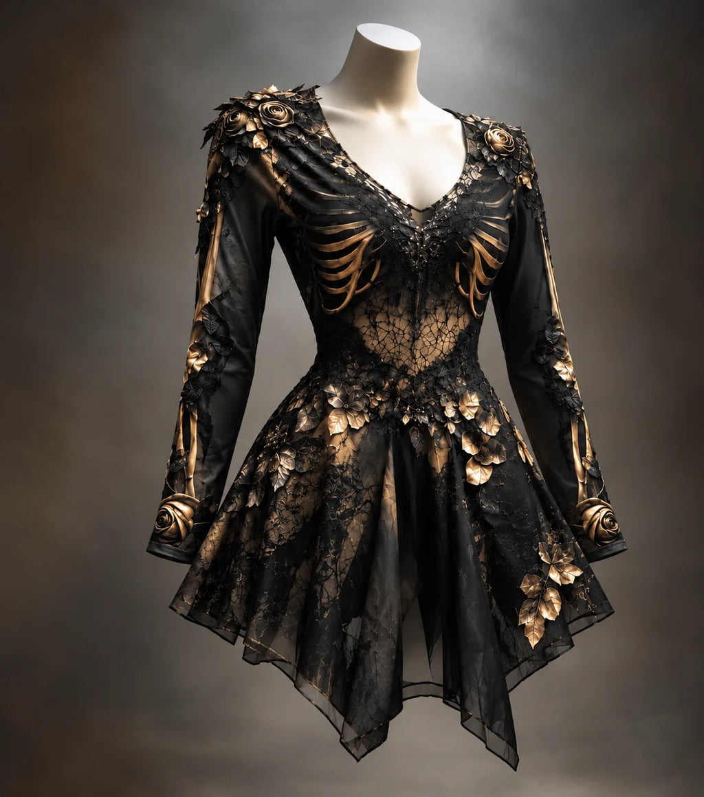 Mini Dress | Gothic Long Sleeve V-Neck | Bone-Inspired & 3D Floral Details