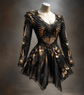Mini Dress | Gothic Long Sleeve V-Neck | Bone-Inspired & 3D Floral Details