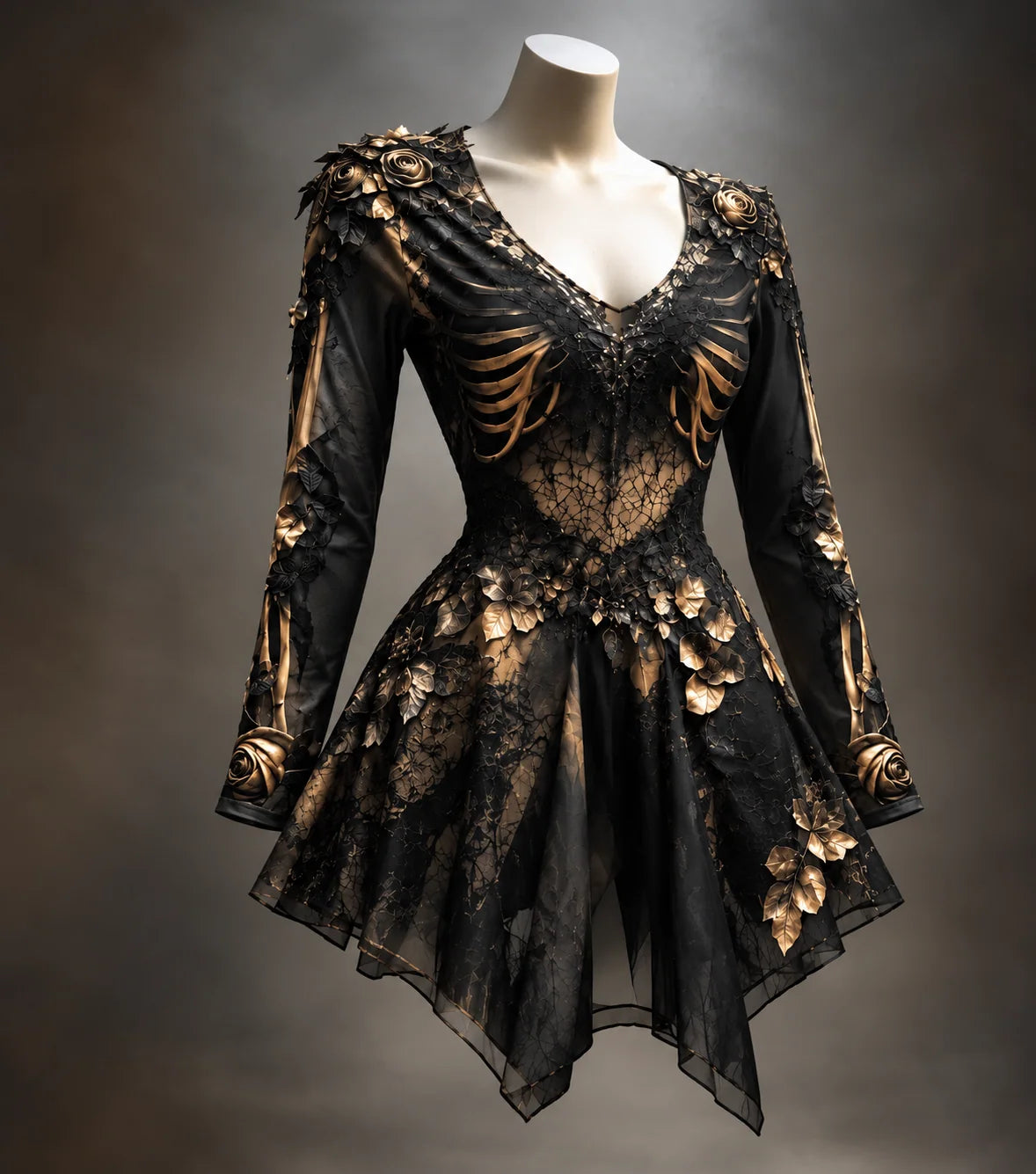 Gothic Mini Dress | Long Sleeve V-Neck | Bone & Floral Appliqués