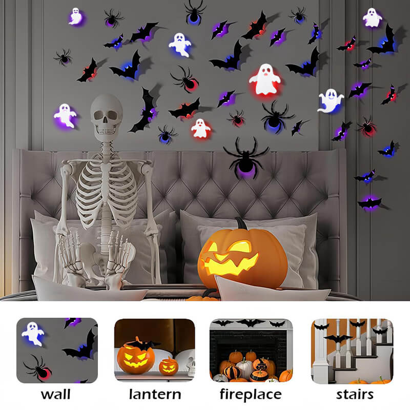 Wall Decor Set | Lighted 3D Bats, Spiders & Ghosts | 104-Piece