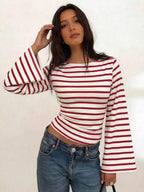 Women's T-Shirt | Striped Rib-Knit | Boat Neck & Cropped Long Sleeve