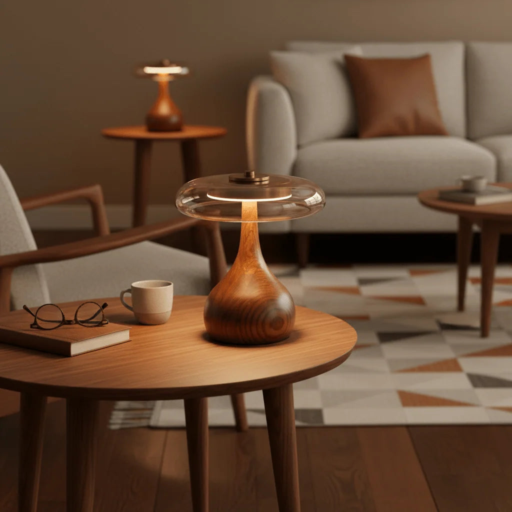 Table Lamp | Walnut-Tone Wood & Amber Glass | Warm LED Light