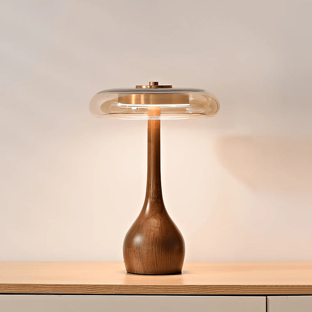 Table Lamp | Walnut-Tone Wood & Amber Glass | Warm LED Light
