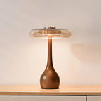 Table Lamp | Walnut-Tone Wood & Amber Glass | Warm LED Light