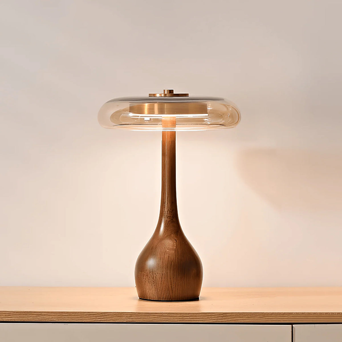Table Lamp | Walnut-Tone Wood & Amber Glass | Warm LED Light