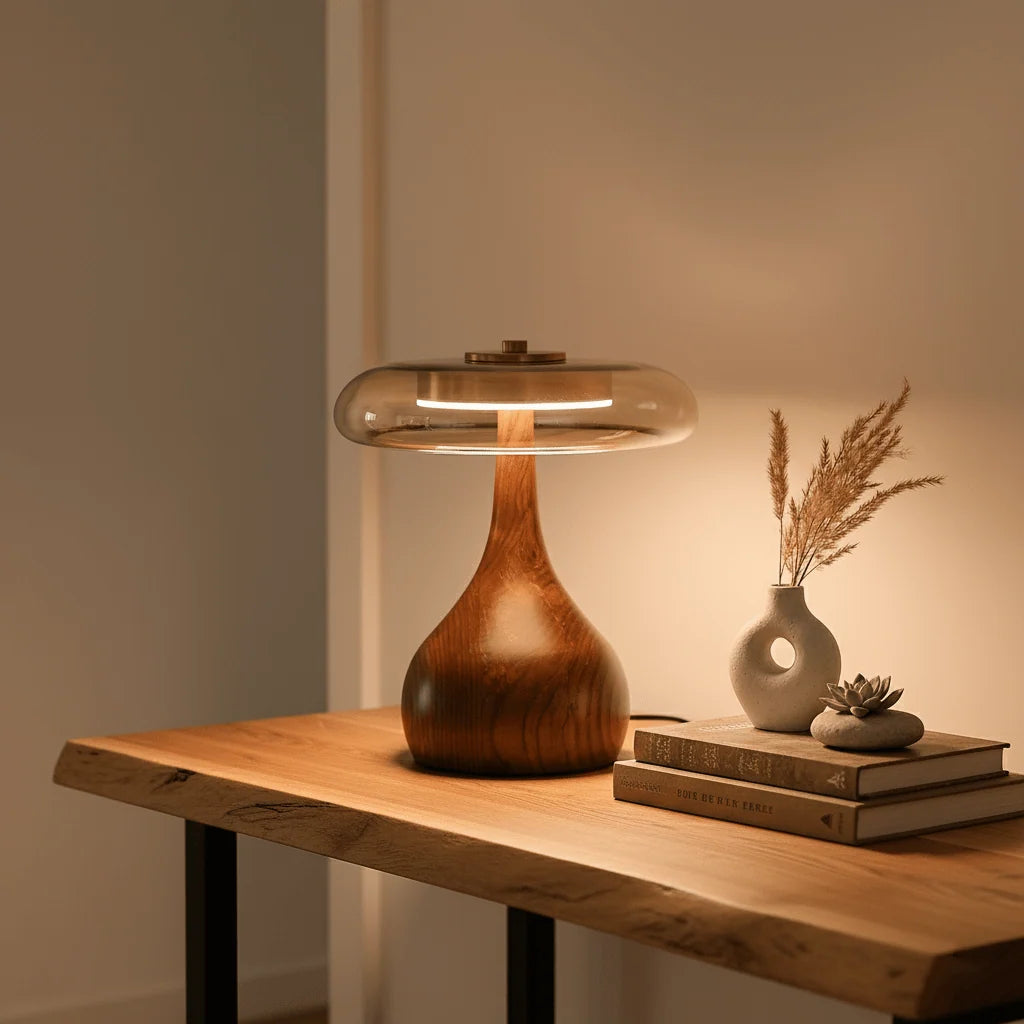 Table Lamp | Walnut-Tone Wood & Amber Glass | Warm LED Light