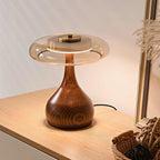 Table Lamp | Walnut-Tone Wood & Amber Glass | Warm LED Light