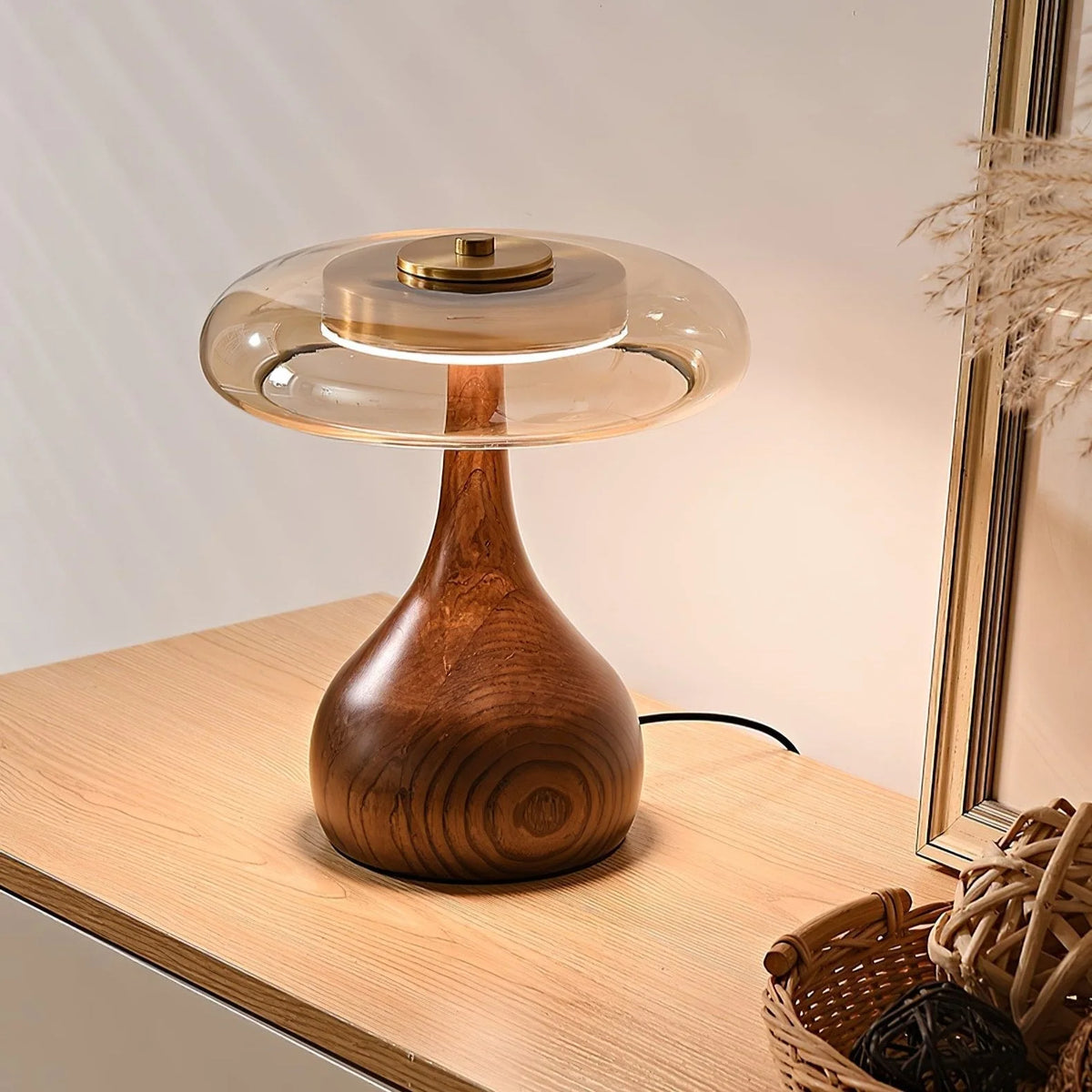 Table Lamp | Walnut-Tone Wood & Amber Glass | Warm LED Light