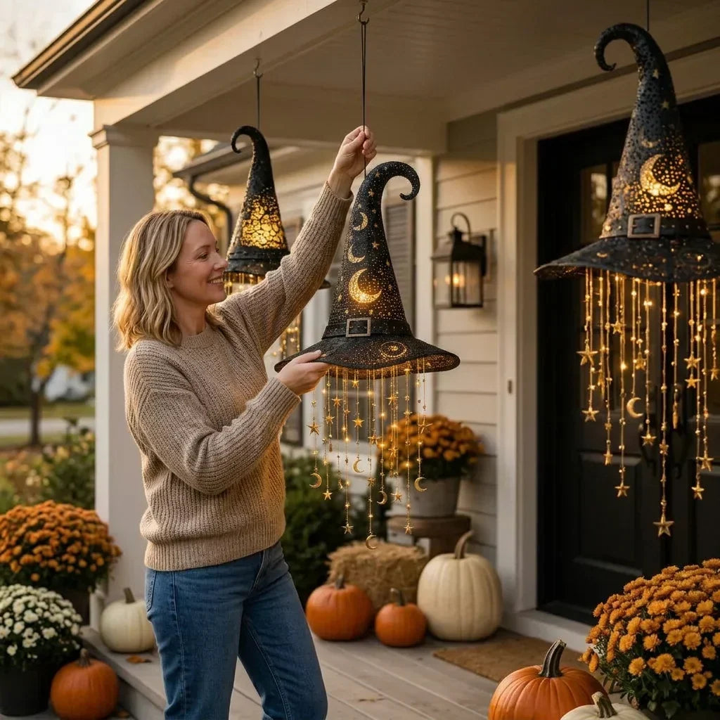 Hanging Witch Hat Decoration | Warm LED Light & Battery-Powered | Star & Moon Design