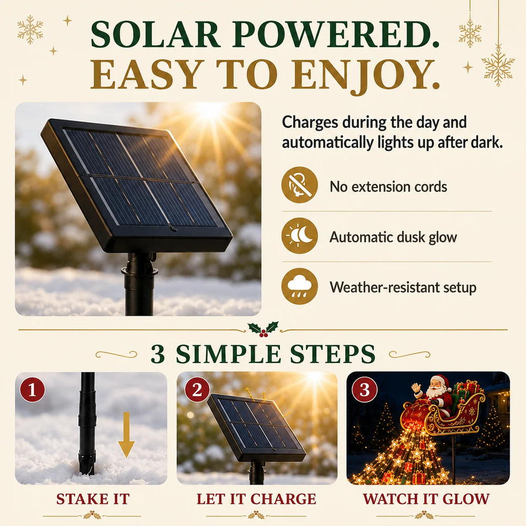 Solar Christmas Decoration | Flying Santa Sleigh Design | Warm Golden Lights