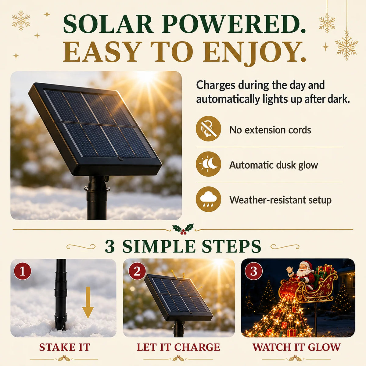Solar Christmas Decoration | Flying Santa Sleigh Design | Warm Golden Lights