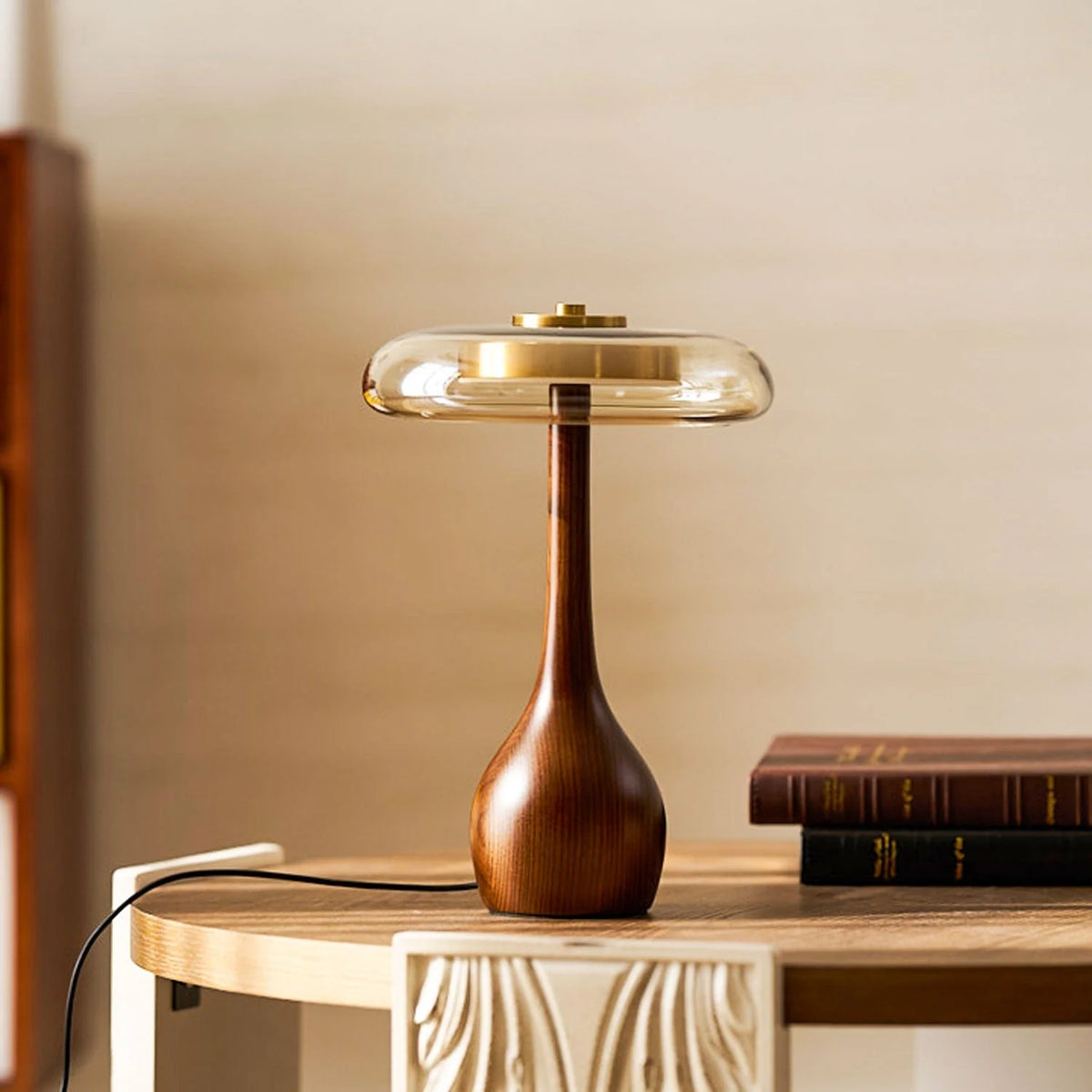 Table Lamp | Walnut-Tone Wood & Amber Glass | Warm LED Light