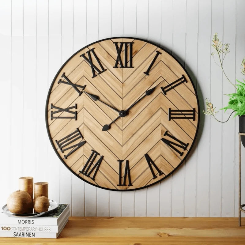 Wall Clock | Traditional Roman Numerals Wood & Metal | 30 cm