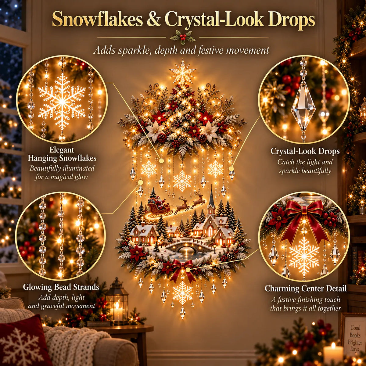 Christmas Tree Wall Hanging | Warm White LED Lights & Winter Village | 90 cm