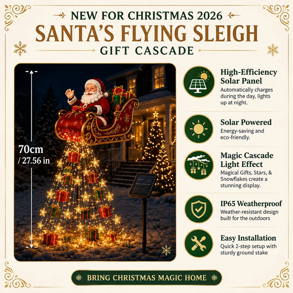 Solar Christmas Decoration | Flying Santa Sleigh Design | Warm Golden Lights