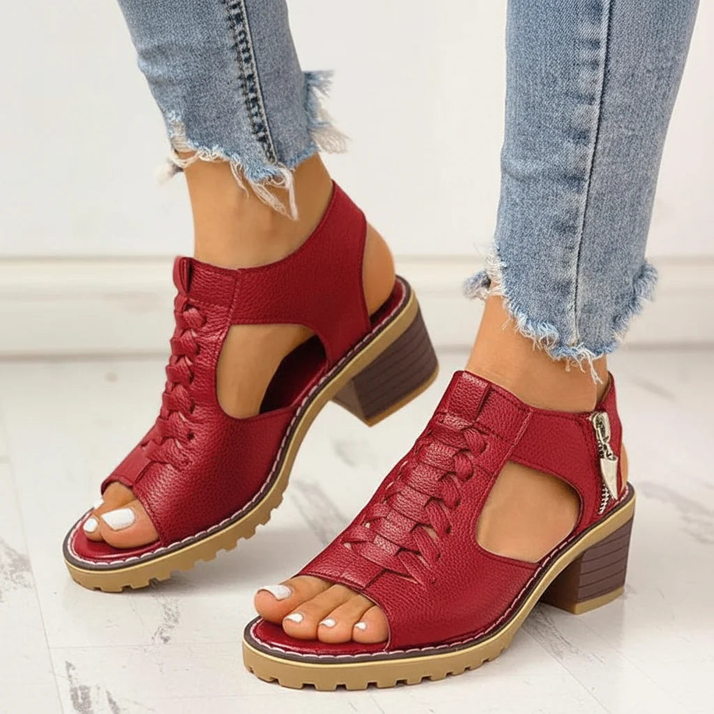 Chunky Heeled Sandals | Peep Toe & Side Zipper