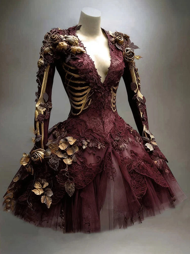 Mini Dress | Gothic Skeleton & Floral Appliqués | Long Sleeve
