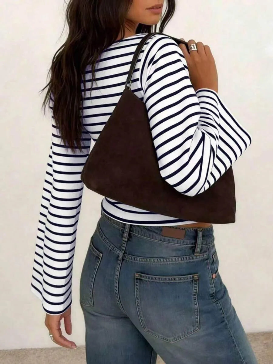 Women's T-Shirt | Striped Rib-Knit | Boat Neck & Cropped Long Sleeve