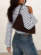Women's T-Shirt | Striped Rib-Knit | Boat Neck & Cropped Long Sleeve