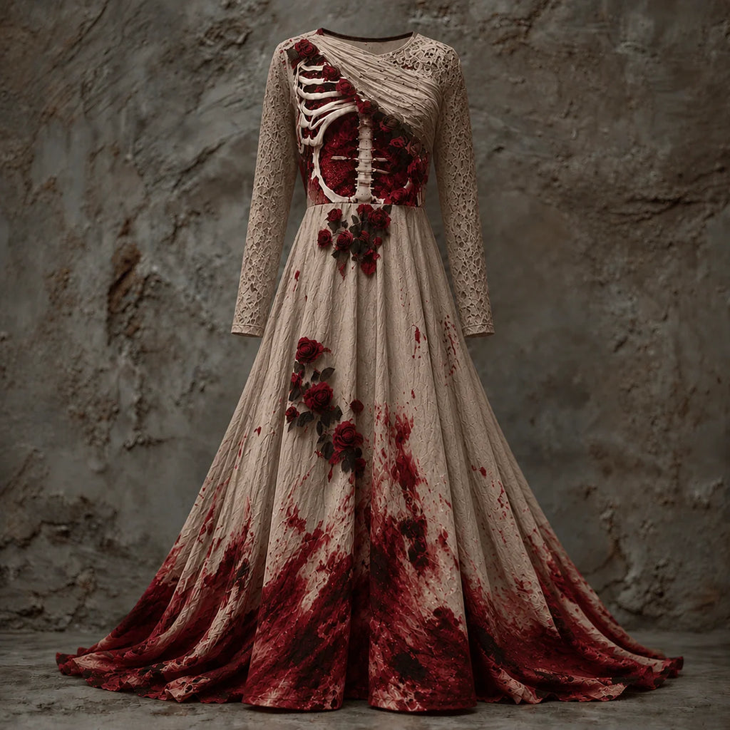 Halloween Dress | Skeleton Bodice & Rose Details | Long-Sleeved