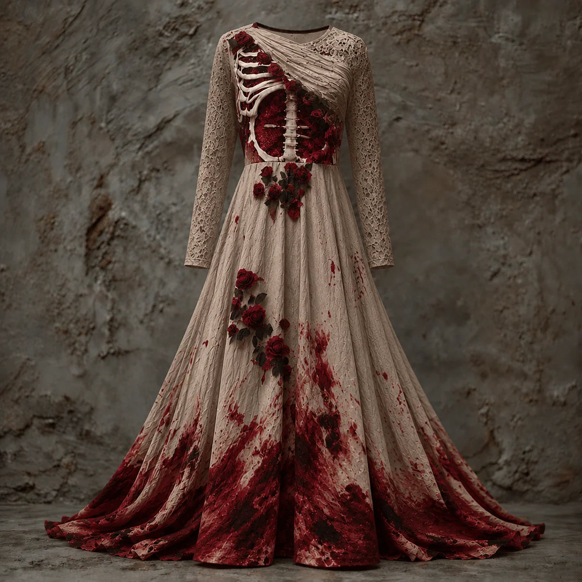 Halloween Dress | Skeleton Bodice & Rose Details | Long-Sleeved