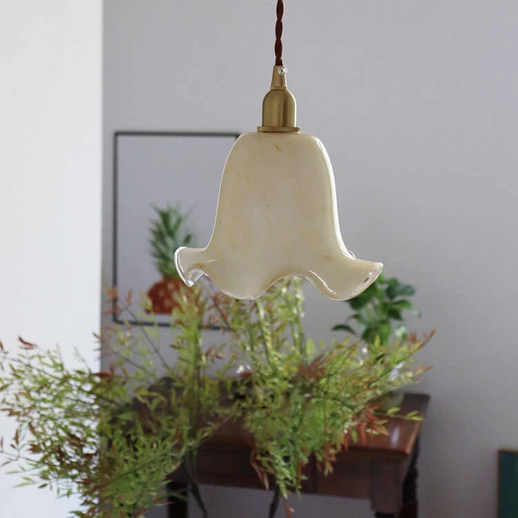 Pendant Light | Brass & Floral Glass Shade | 200 cm Cable