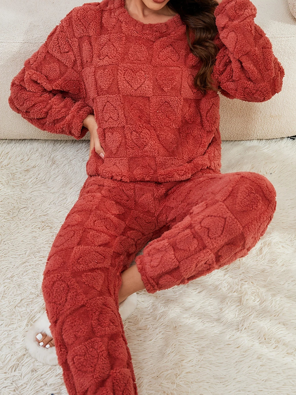 Women's Pajama Set | Soft Plush Heart & Check Pattern | 2-Piece