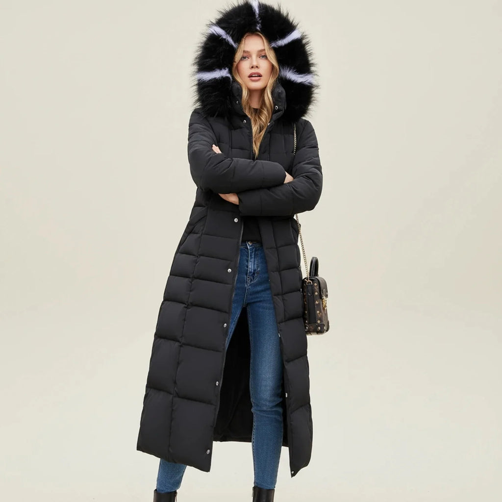 Puffer Coat | Long Quilted Faux Fur Hood | Belted Waist