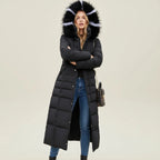 Puffer Coat | Long Quilted Faux Fur Hood | Belted Waist