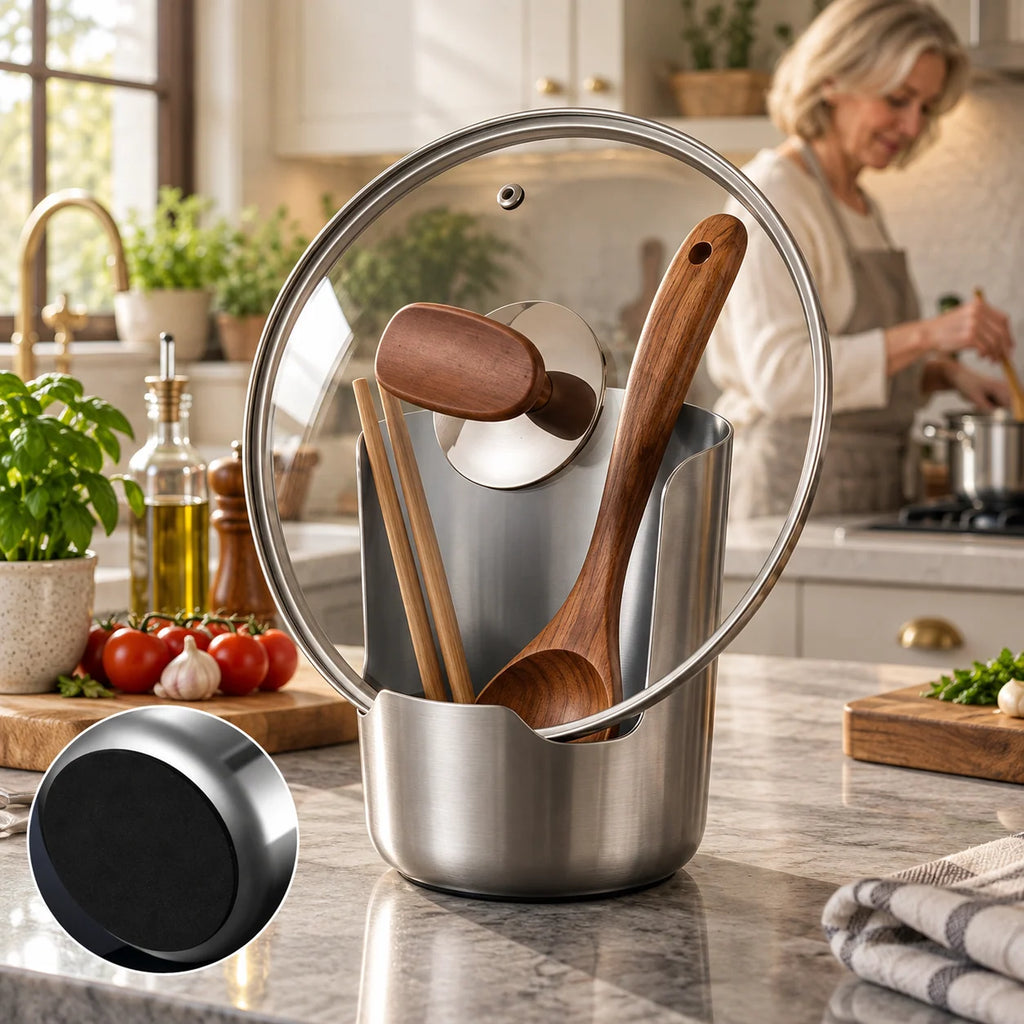 Utensil & Pot Lid Holder | Stainless Steel Drip-Catching Weighted Base
