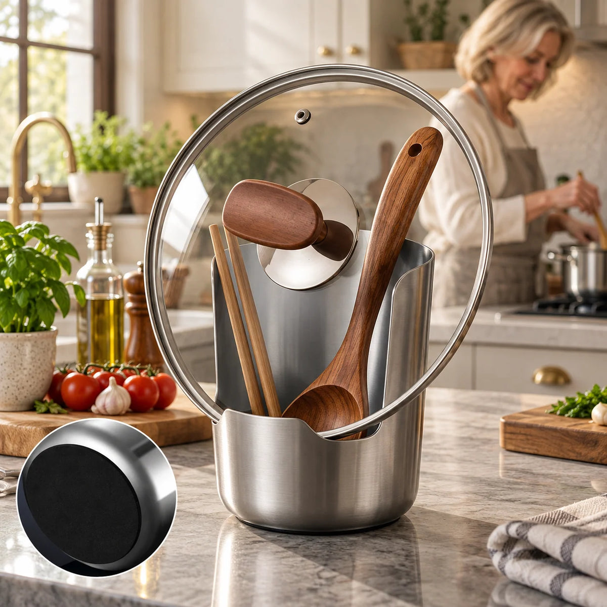 Utensil & Pot Lid Holder | Stainless Steel Drip-Catching Weighted Base